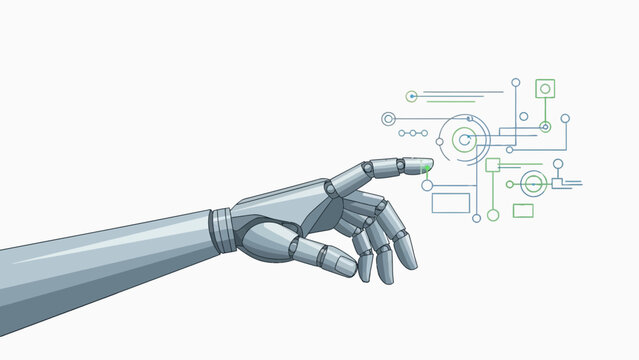 Detailed robotic hand interacting with futuristic digital interface elements