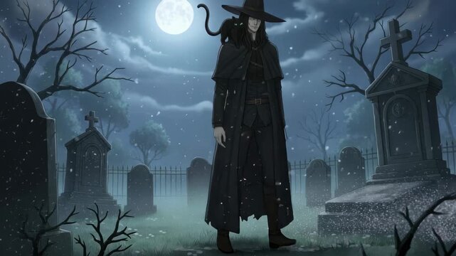 Mysterious figure in snowy graveyard under moonlight with haunting atmosphere