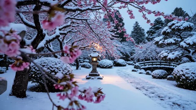 Tranquil Japanese garden featuring pink cherry blossoms blanketed by fresh snow and stone lanterns