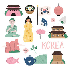 Korean Culture Clipart. Hand Drawn Traditional Symbols, Landmarks and Food of Korea