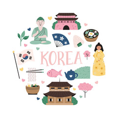 Korean Culture Clipart. Hand Drawn Traditional Symbols, Landmarks and Food of Korea