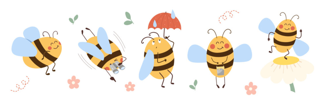 Collection of cute bee characters. Bee with umbrella, binoculars, bucket of honey, in flight, dancing on a flower. Childish spring print for nursery, kids apparel, poster and postcard.