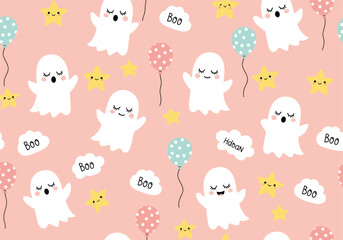 Obraz premium Cute seamless Halloween pattern with smiling ghosts balloons stars and boo text perfect for kids party decor