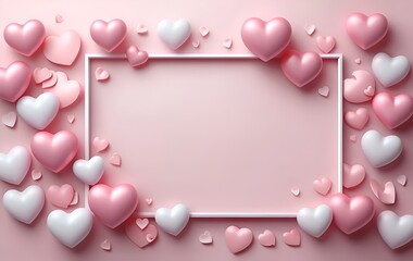 Romantic Valentine's Day mockup featuring a large blank white horizontal frame surrounded by pink and white 3D hearts on a soft pink background.