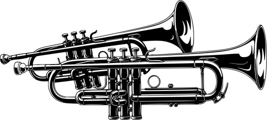 Pair of vintage trumpets in black and white artistic style
