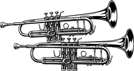 Pair of vintage trumpets in black and white artistic style
