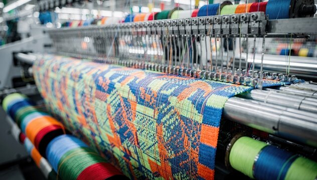 Closeup of industrial circular knitting machines weaving vibrant nylon blend athletic crew socks with precise stitching and bright performance patterns in a modern factory setting.