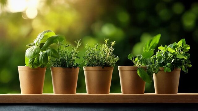Row of potted culinary herbs on wooden shelf with warm sunrise backlight and soft garden bokeh