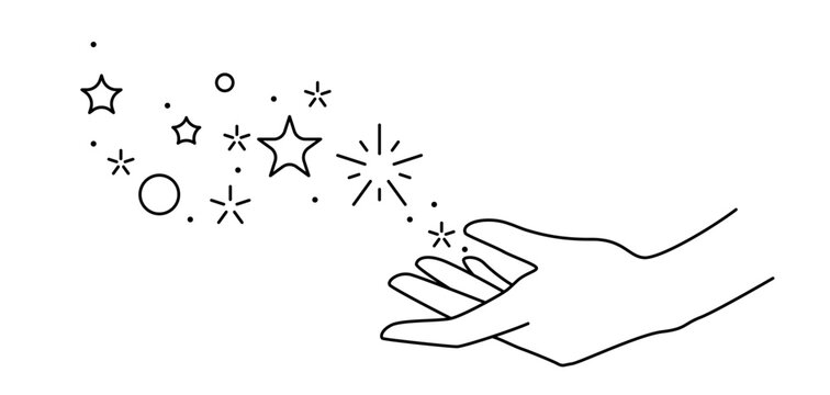 Magic stars in hand. Palm hold or gives celestial body. Line art style.