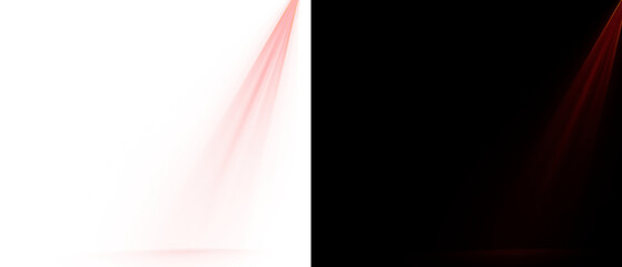 Red spotlight glow shining downward, isolated on a transparent PNG background and displayed on a solid black background. Intense glowing light effect from a projector beam.