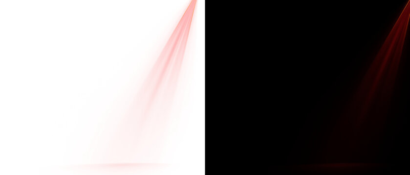 Red spotlight glow shining downward, isolated on a transparent PNG background and displayed on a solid black background. Intense glowing light effect from a projector beam.