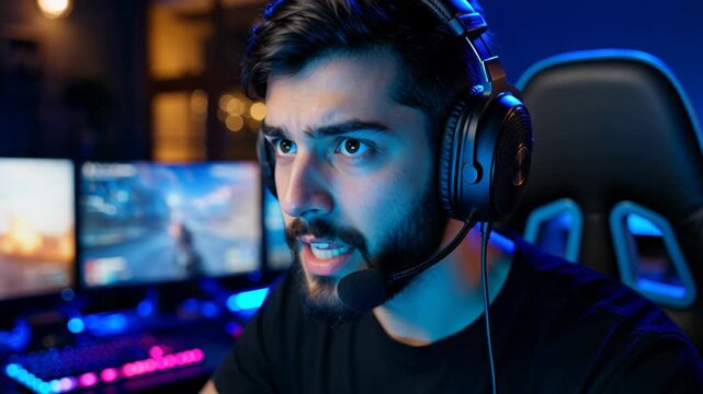 Gamer focuses on gameplay and reacts to competition during late night session
