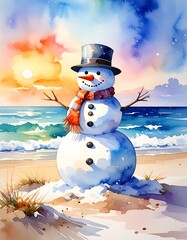 Watercolor snowman at beach. Sky blends blues, pinks, orange. Snowman has carrot nose, top hat and orange scarf