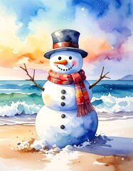 Watercolor snowman stands on a sunny beach, sea behind, wearing a hat and scarf