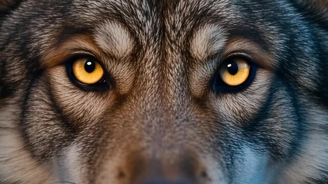 Intense gaze of a wolf with piercing yellow eyes, capturing wild nature and primal instinct.