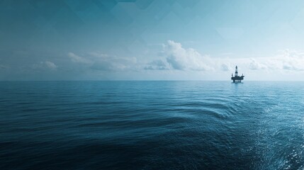 Fototapeta premium Tranquil Sea with Oil Rig Off Shore Under Bright Blue Sky and Clouds