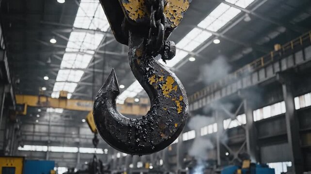 Cinematic slow motion close up of a weathered yellow industrial crane hook suspended from a metallic factory ceiling in a gritty warehouse setting with dramatic lighting and detail.