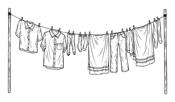 A black and white line drawing depicting various laundered clothes drying on a clothesline between two poles, perfect for household chores, everyday life, and drying clothes concepts.