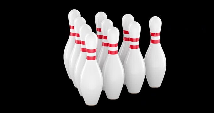 Bowling pins set rotation animation seamlessly loopable. 3D rendering isolated on transparent background
