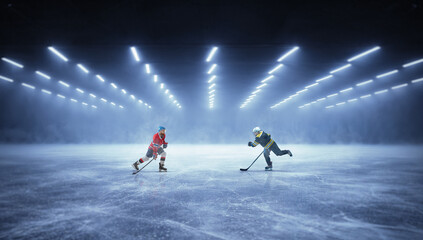 Obraz premium Dynamic artwork ice hockey duel on professional arena with dramatic lighting. Concept of competition, professional sport, teamwork, performance pressure, athletic rivalry, sports marketing visuals.