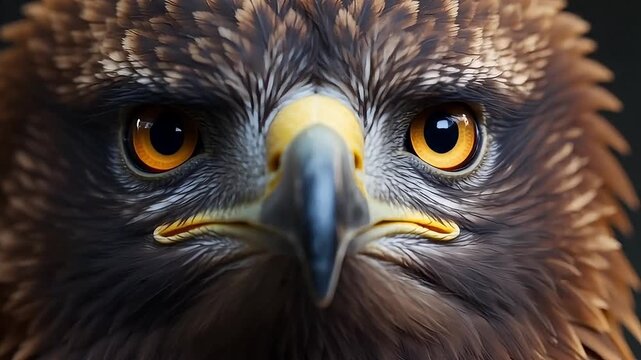 Majestic golden eagle with piercing eyes gazes intensely, showcasing its powerful beak and intricate feather details.