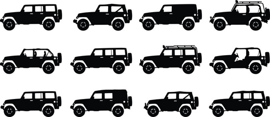 Off road vehicle silhouettes collection showing different jeep and SUV models, representing adventure travel, transportation, outdoor driving, and automotive design isolated on white background © Shahariar's World