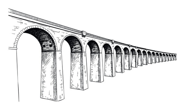 Hand drawn black and white sketch of a long stone arched viaduct disappearing into perspective, ideal for architectural history or engineering project visual content
