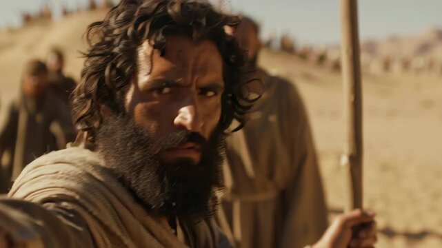 Man with a staff leading people through desert, biblical prophet journeying with followers, exodus concept
