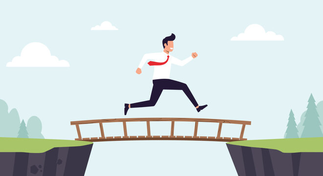 Brave businessman in a white shirt and red tie jumps high across a wooden bridge over a gap between two cliffs to reach success.