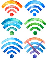 Watercolor wi-fi symbols in various colors; orange, red, blue, green, with one cancelled. Isolated on white