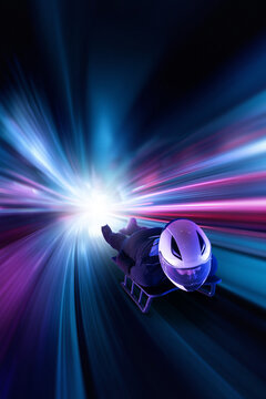 Futuristic mixed media athlete accelerating toward bright energy core. Concept of breakthrough technology, innovation launch, system activation, power scaling and forward momentum in business and tech