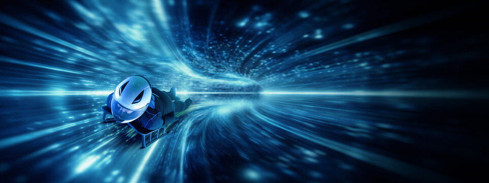 Abstract design sled athlete navigating dense digital speed field. Concept of data processing, high load systems, computing power, analytics pipelines and performance under pressure. Banner