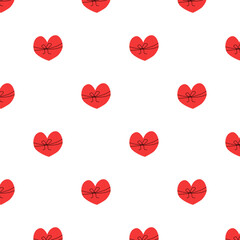 Seamless Valentine heart gift pattern. Red hearts with ribbon bows background for wrapping paper