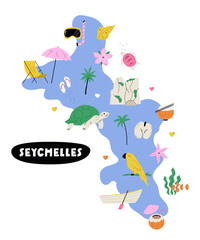 Seychelles Illustrated Map with Tropical Animals, Island Symbols and Travel Icons. Cute Flat Vector Illustration