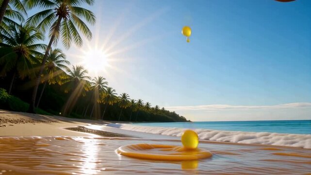 Orange juice pouring on tropical beach with palm trees