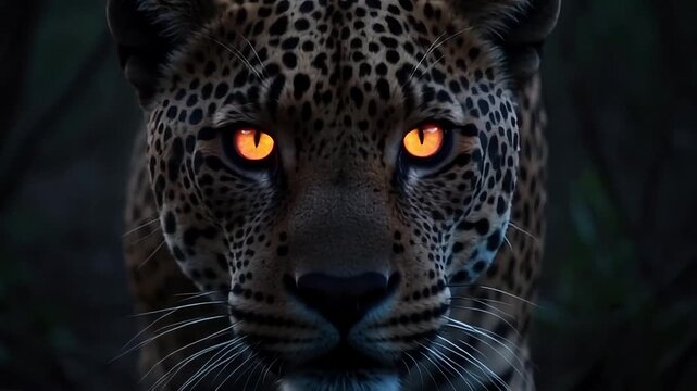 Intense jaguar with glowing orange eyes stares directly forward in dark jungle setting