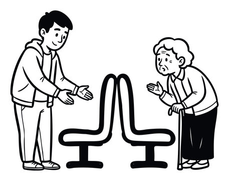 Young man offering a seat to an elderly woman demonstrating politeness and respect, suitable for depicting good manners and community values.