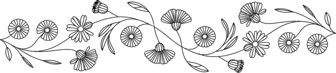 Charming black ink border with repeating floral motifs and leaves, delicate hand-drawn decorative element