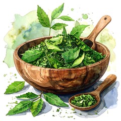 Watercolor wooden bowl filled with vibrant green leaves, accompanied by wooden spoons, on a white backdrop