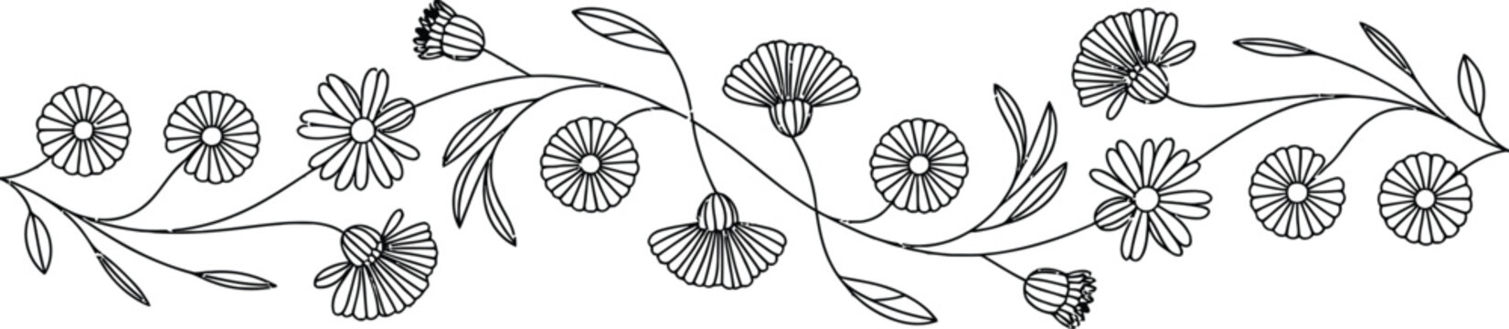 Charming black ink border with repeating floral motifs and leaves, delicate hand-drawn decorative element
