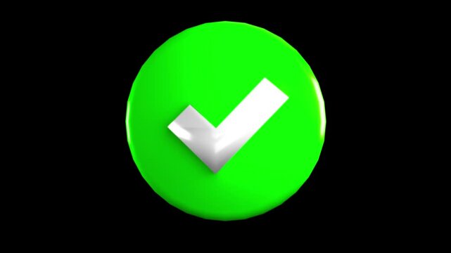 Animated white check mark symbol in green circle. 3d checkmark animation. Alpha channel included
