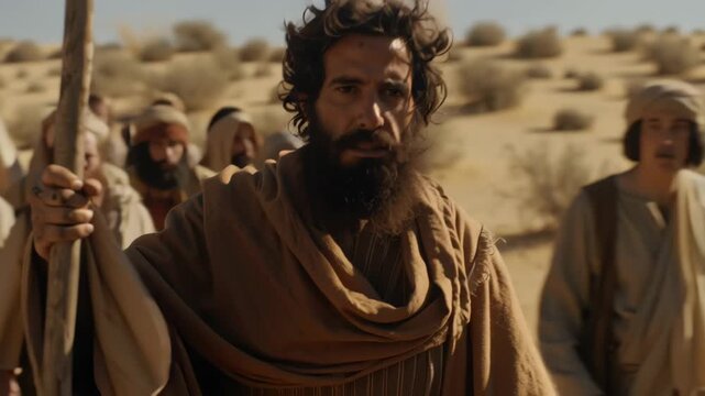 A man with a beard holds a staff surrounded by a crowd in the desert. Biblical concept depicting pilgrims or exodus.