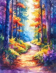 Watercolor woodland path winds through trees ablaze with autumn colors, bathed in soft light, inviting tranquil exploration