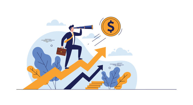 Businessman standing on a rising yellow arrow using a telescope to look at a large dollar coin, depicting professional financial foresight and vision.