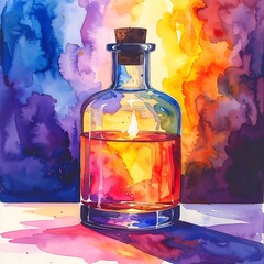 Watercolor still life of a glass bottle with a cork stopper against a colorful, abstract background