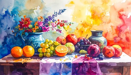 Watercolor still life vibrant fruits, flowers, and vases on a draped table against a colorful, blended background