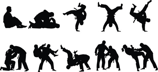 Silhouettes of martial artists demonstrating combat, grappling, throws, and acrobatic techniques isolated on white background for self defense, training, and fighting concept