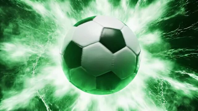 A dynamic image of a soccer ball surrounded by a vibrant green explosion effect.