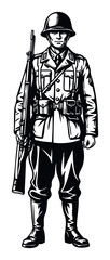 Naklejka premium Fully equipped historical soldier standing in a traditional uniform holding a rifle, perfect for military history projects, educational resources, and commemorative graphics.