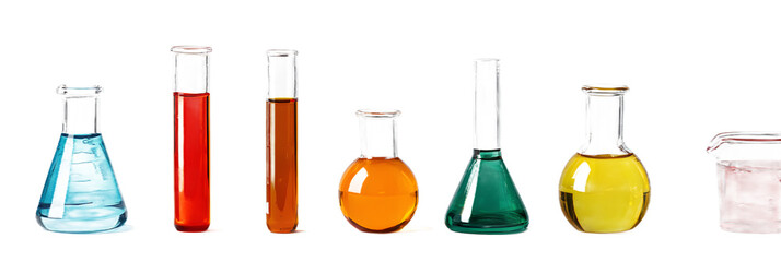 A row of colorful laboratory flasks and beakers on a white surface for chemistry experiments isolated on transparent background